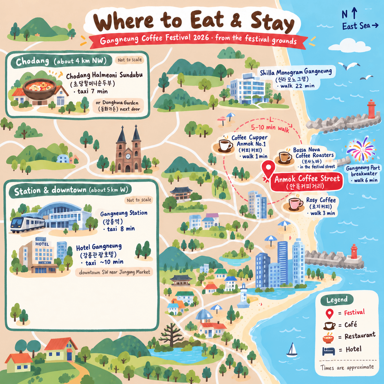 Illustrated map of places to eat and stay: Anmok Coffee Street cafés, Chodang soft-tofu restaurants and hotels
