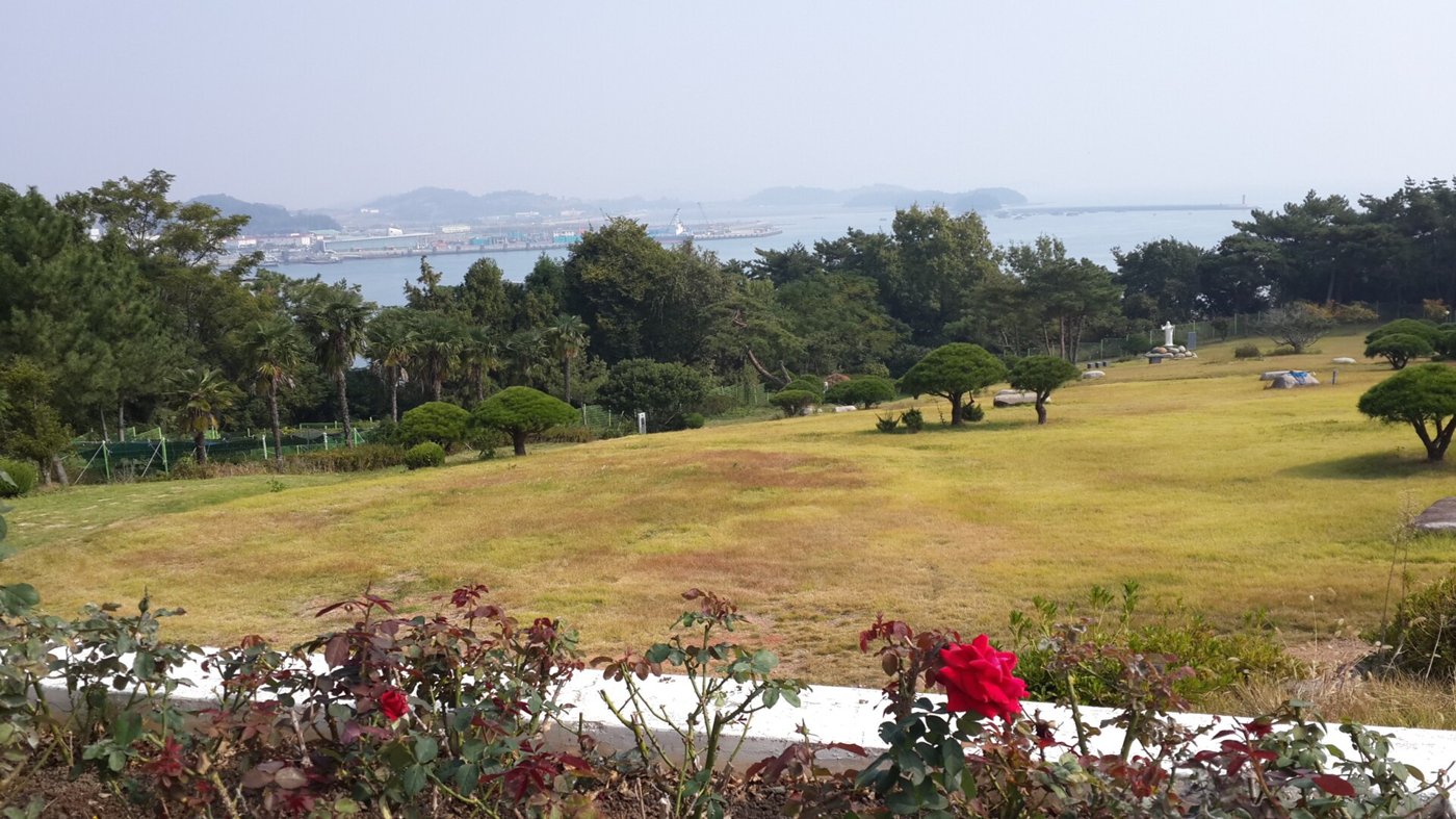 Lawn, trees and flowerbeds on Sorokdo with the sea in the distance