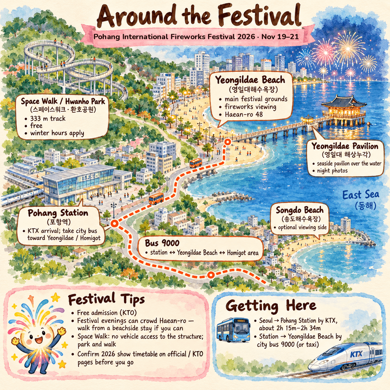 Illustrated map around Yeongildae Beach showing Space Walk, Yeongildae Pavilion, canal, Homigot and Songdo Beach near the Pohang fireworks festival